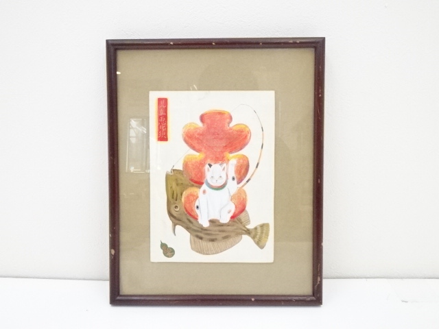 JAPANESE ANTIQUE HAND PAINTED FRAMED ART / EBISU